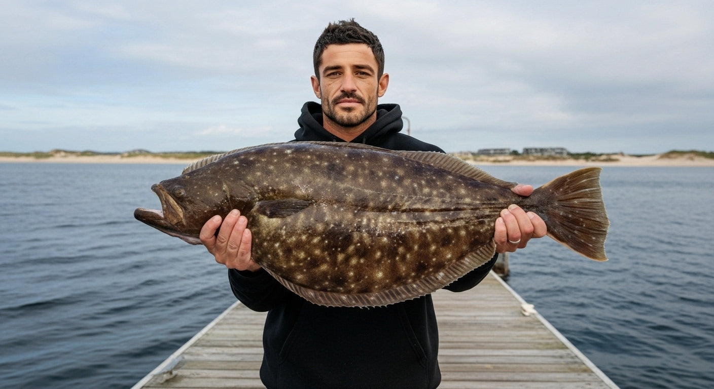 A man holding up a giant 32 inch fluke