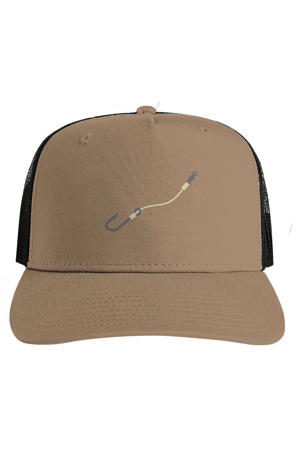 Embroidered Tan Hook & Line Black Mesh Trucker