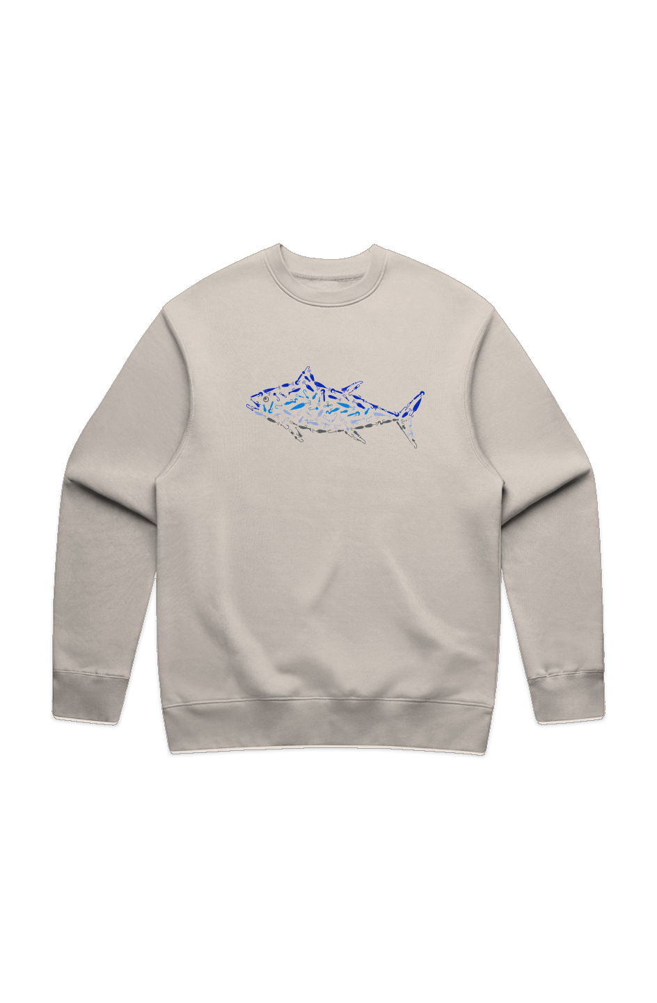 Beige sweatshirt with a blue shark graphic on a white background