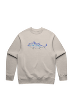 Beige sweatshirt with a blue shark graphic on a white background