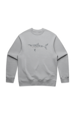 Gray sweatshirt with a shark graphic on a white background