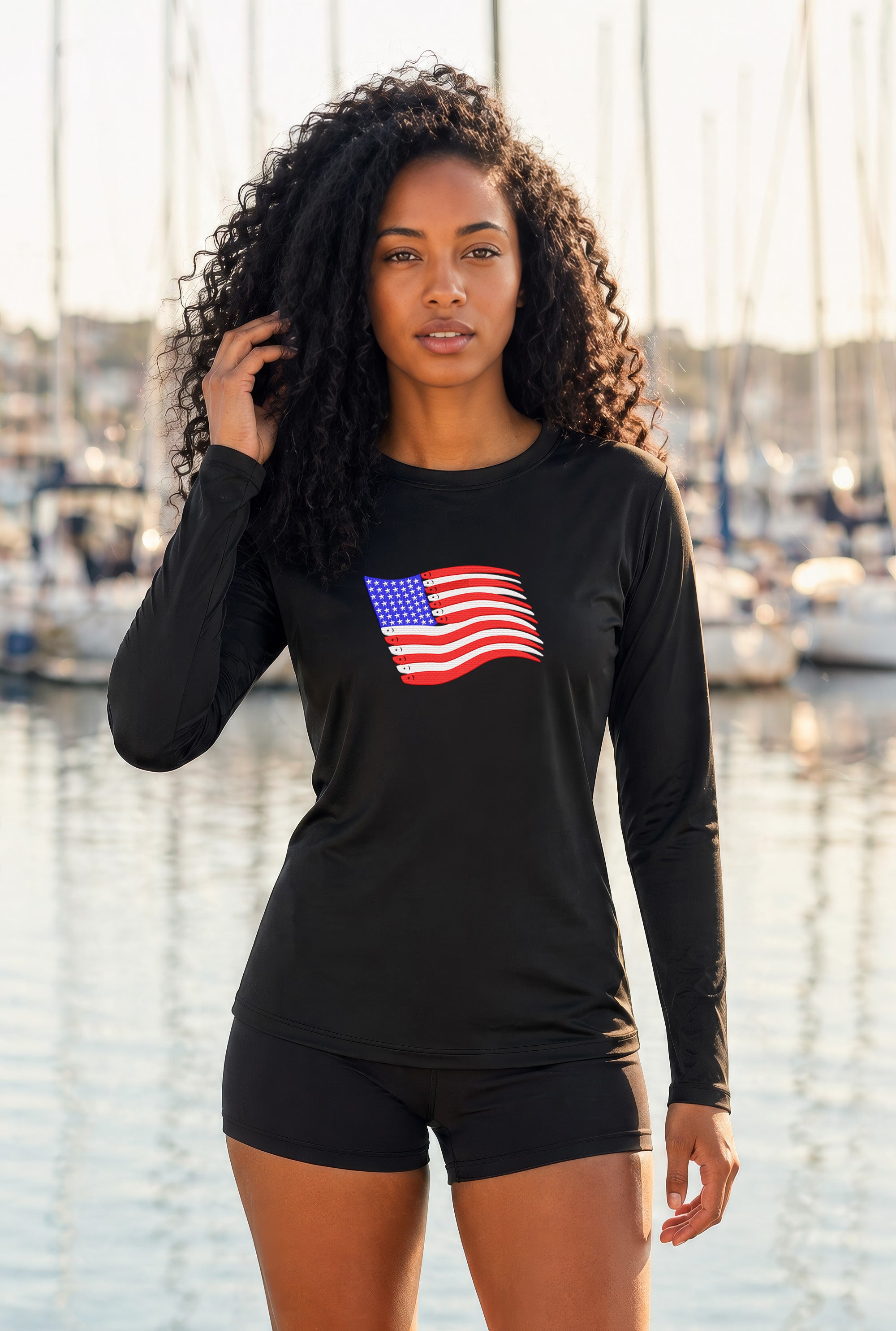 Womens American Flag Swimbait Edition GRAPHIC PRINT Lightweight Wicking UPF 50 Pro LS Tee