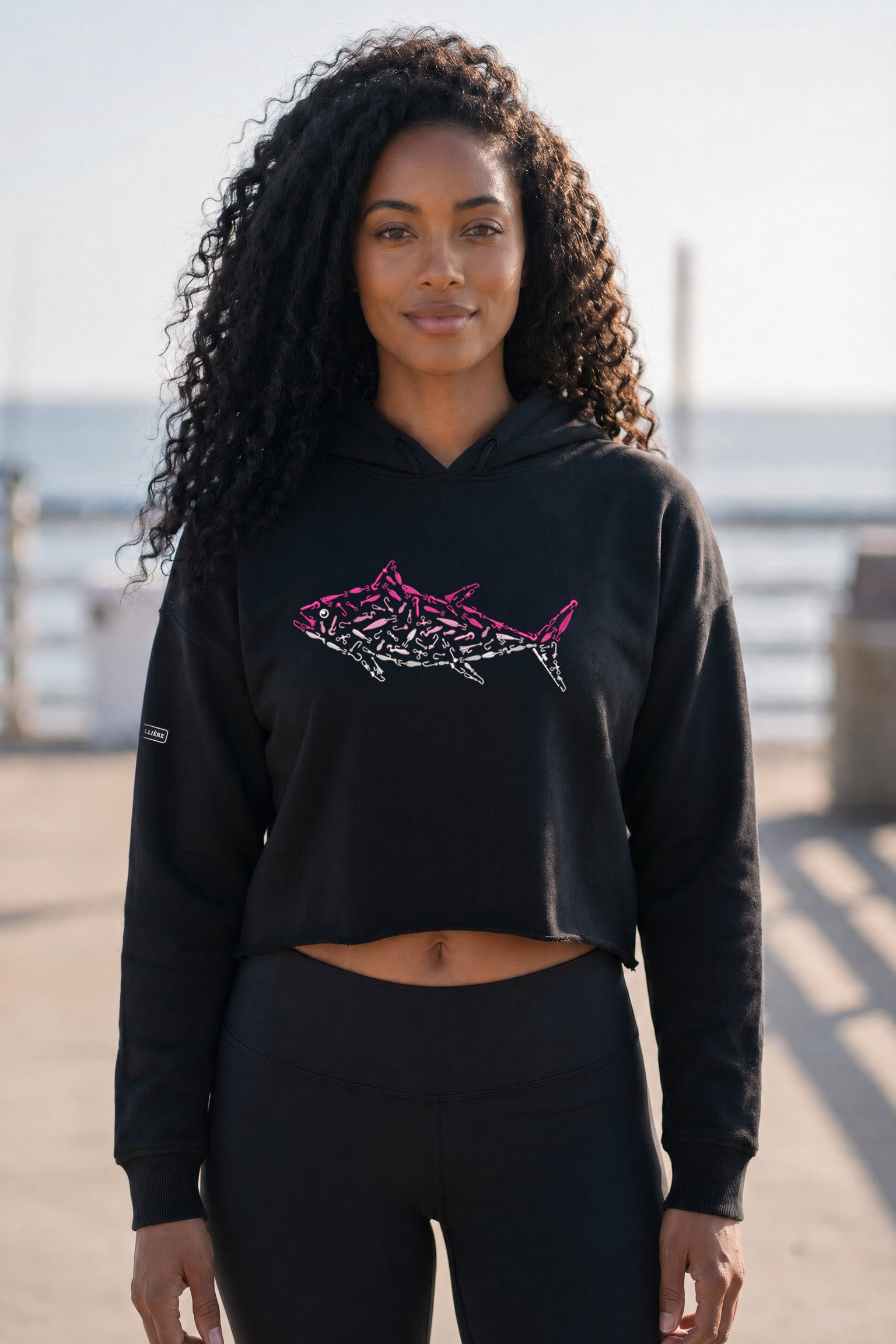 Embroidered Women's Pink Tuna Crop Hoodie
