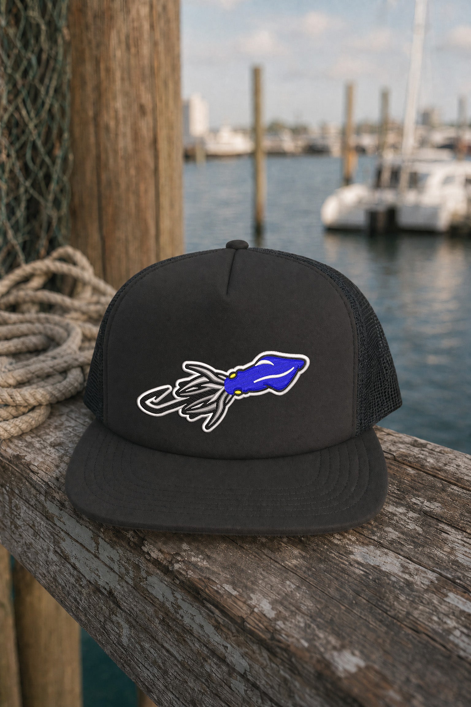 Embroidered Squid Lure Foam Front Trucker Hat