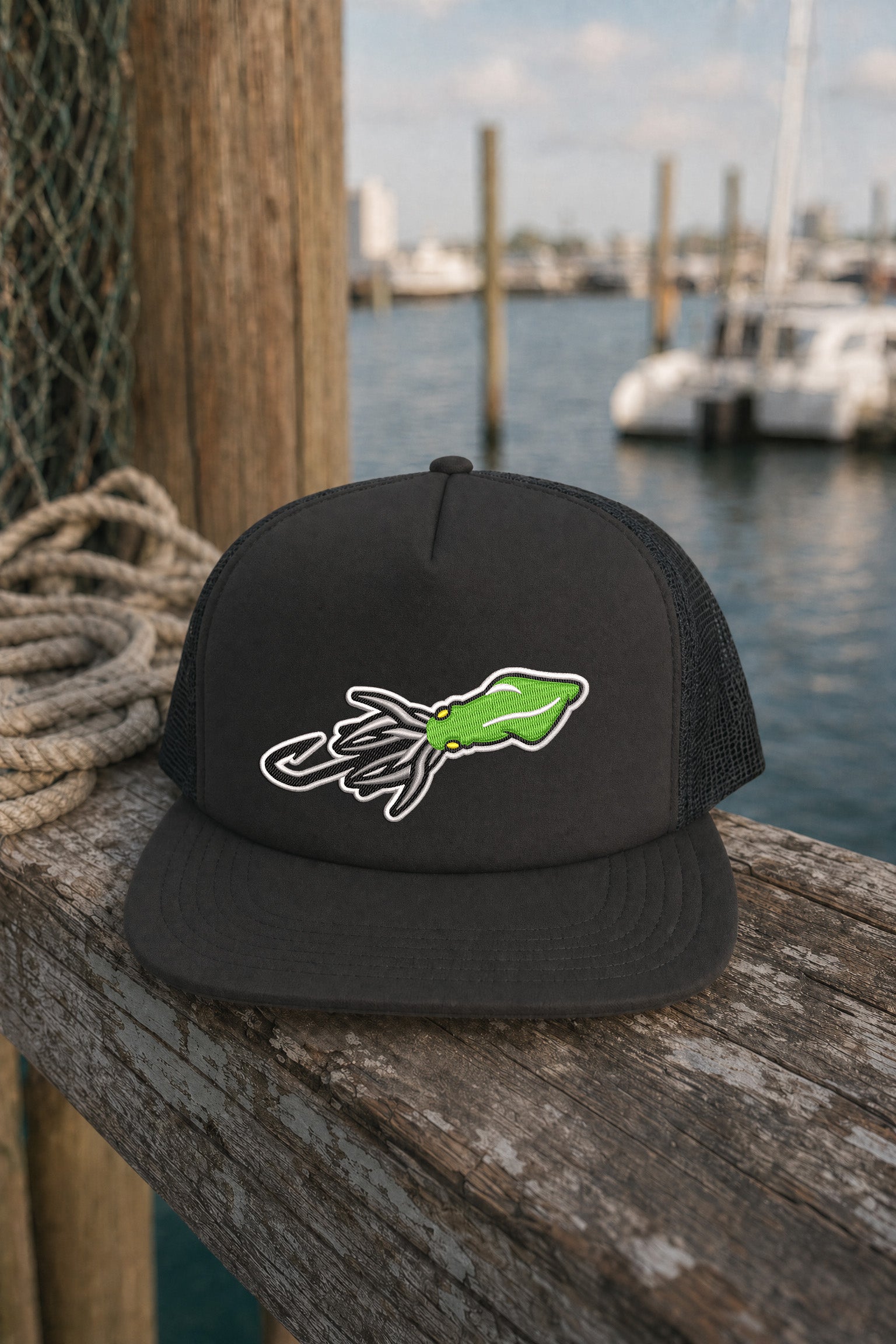 Embroidered Squid Lure Foam Front Trucker Hat