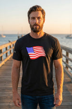 Black ultra heavyweight t-shirt with American Flag Swimbait artwork