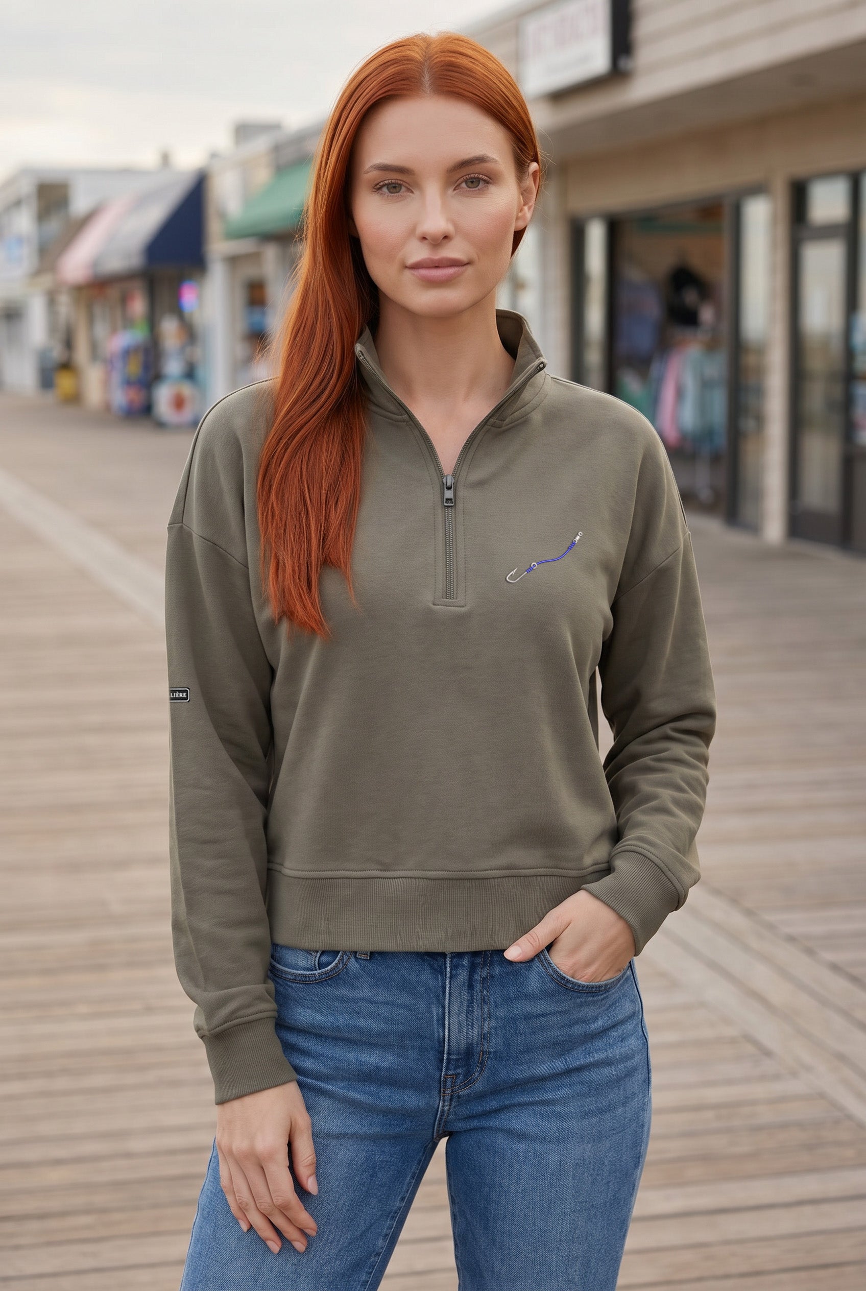 Embroidered "Hook & Line" Womens Quarter Zip Pullover