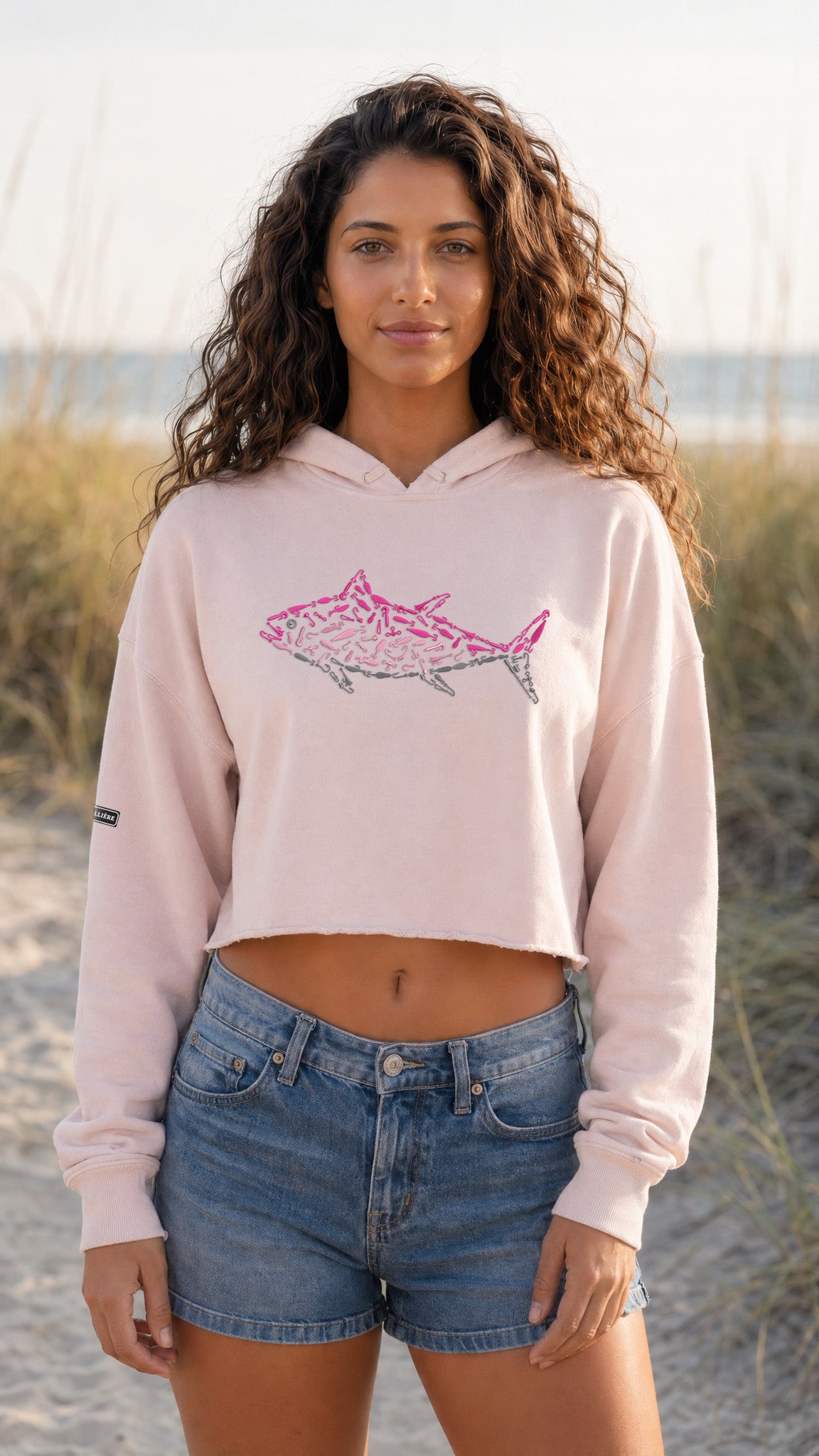 Embroidered Women's Pink Tuna Crop Hoodie