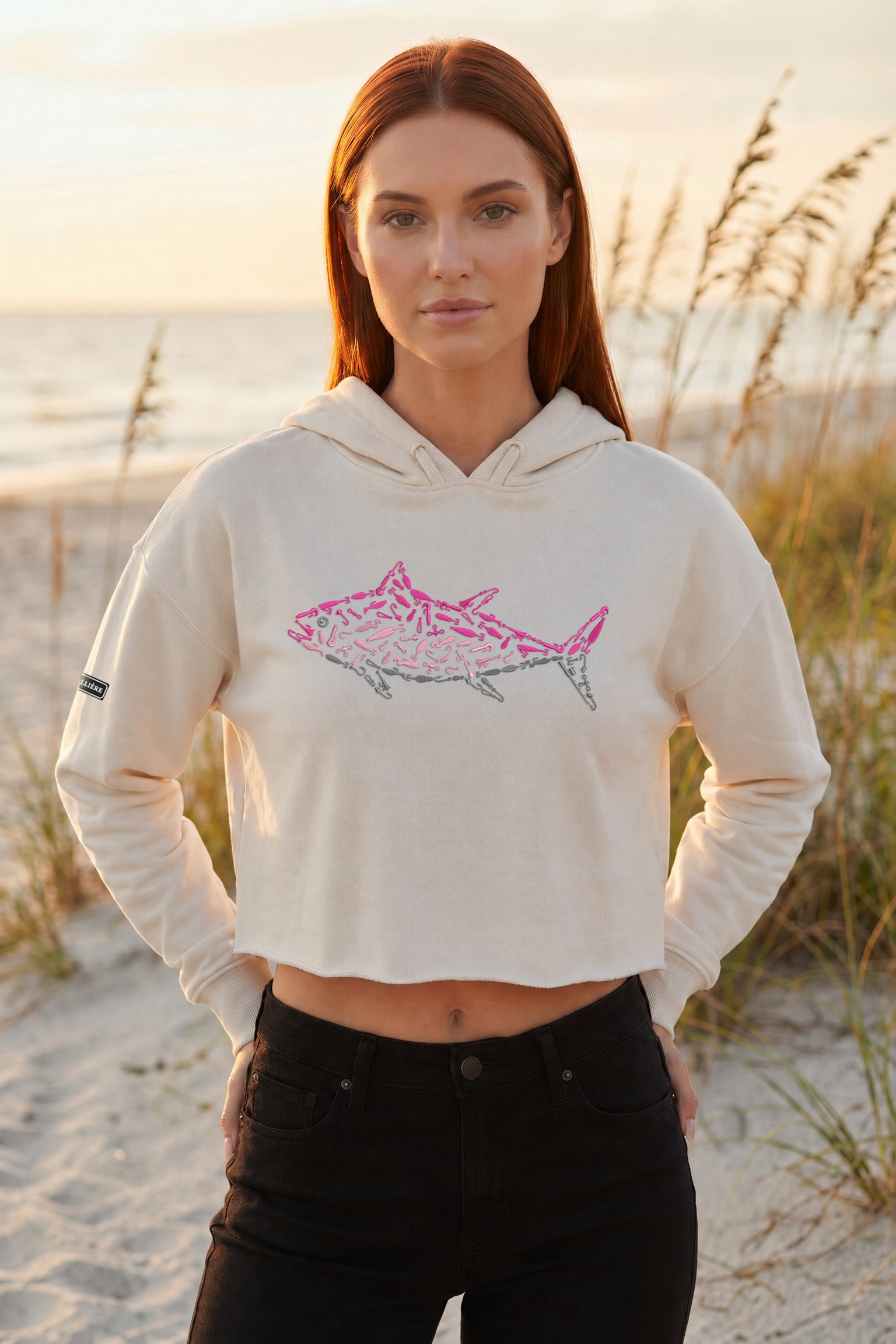 Embroidered Women's Pink Tuna Crop Hoodie
