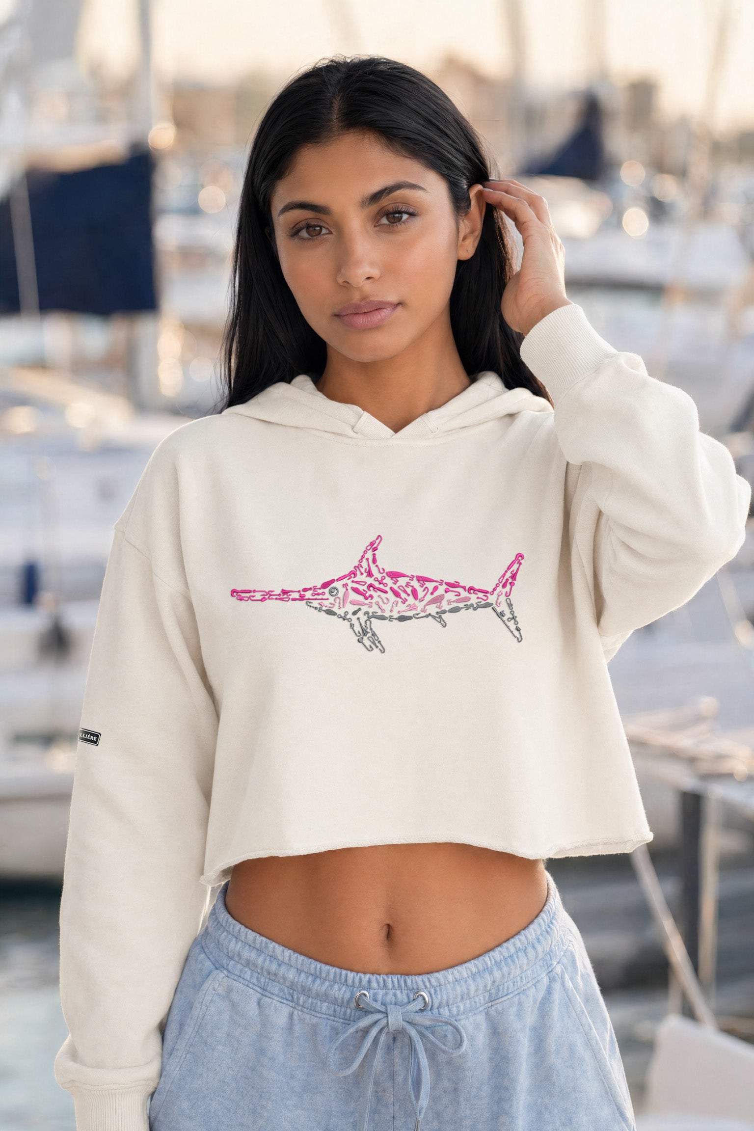 Embroidered Women's Pink Swordfish Crop Hoodie