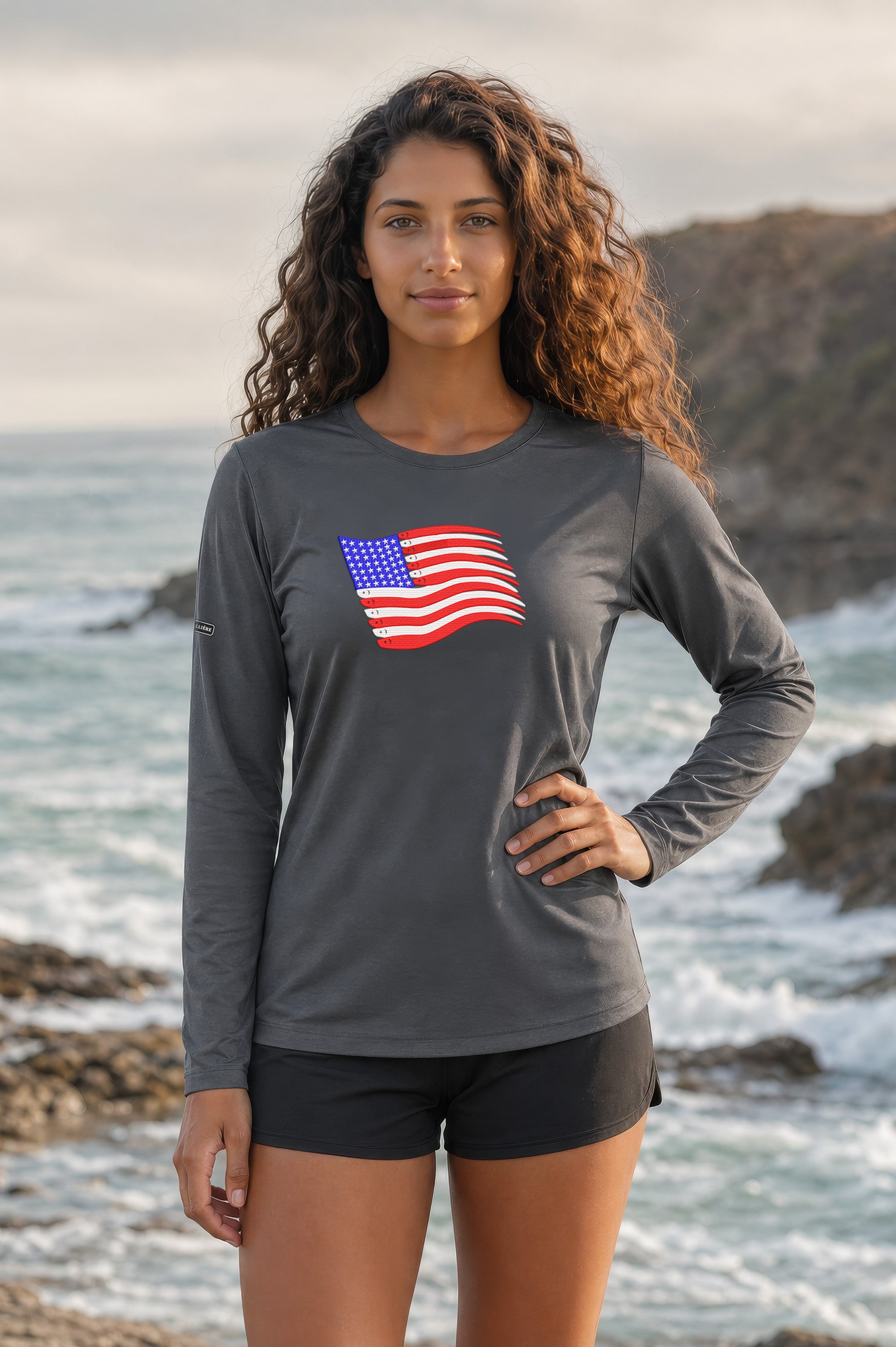 Womens American Flag Swimbait Edition GRAPHIC PRINT Lightweight Wicking UPF 50 Pro LS Tee