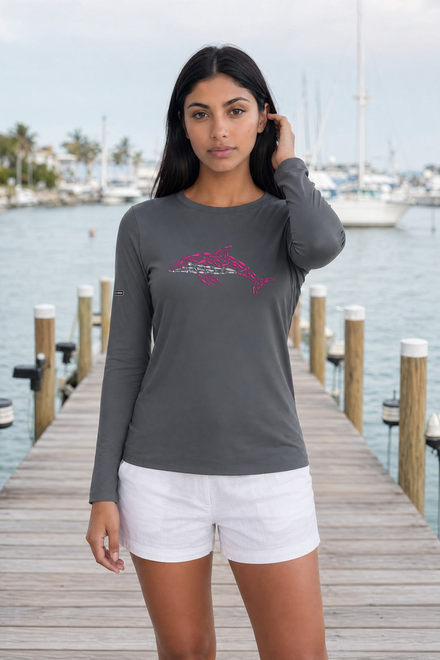 Womens Pink Dolphin Lightweight Wicking UV Pro LS Tee