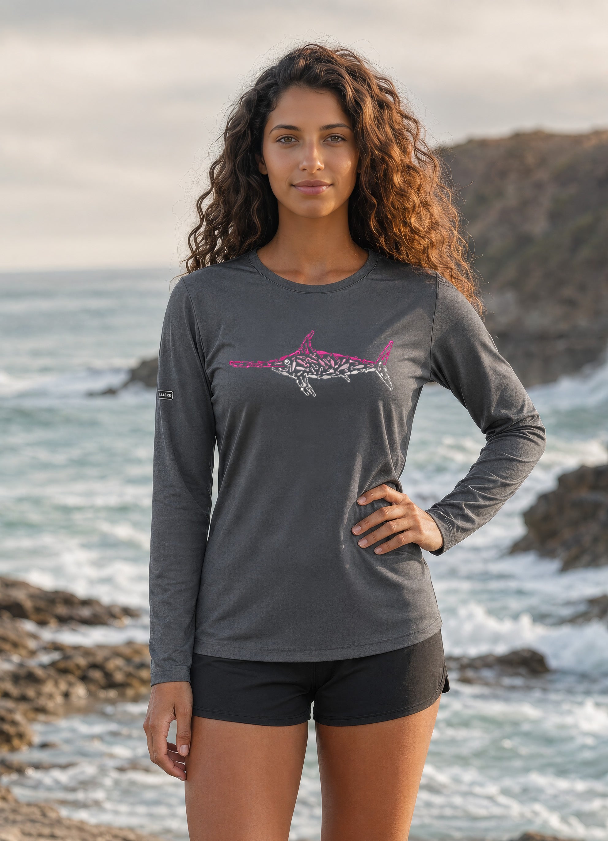 Womens Pink Swordfish Lightweight Wicking UV Pro LS Tee
