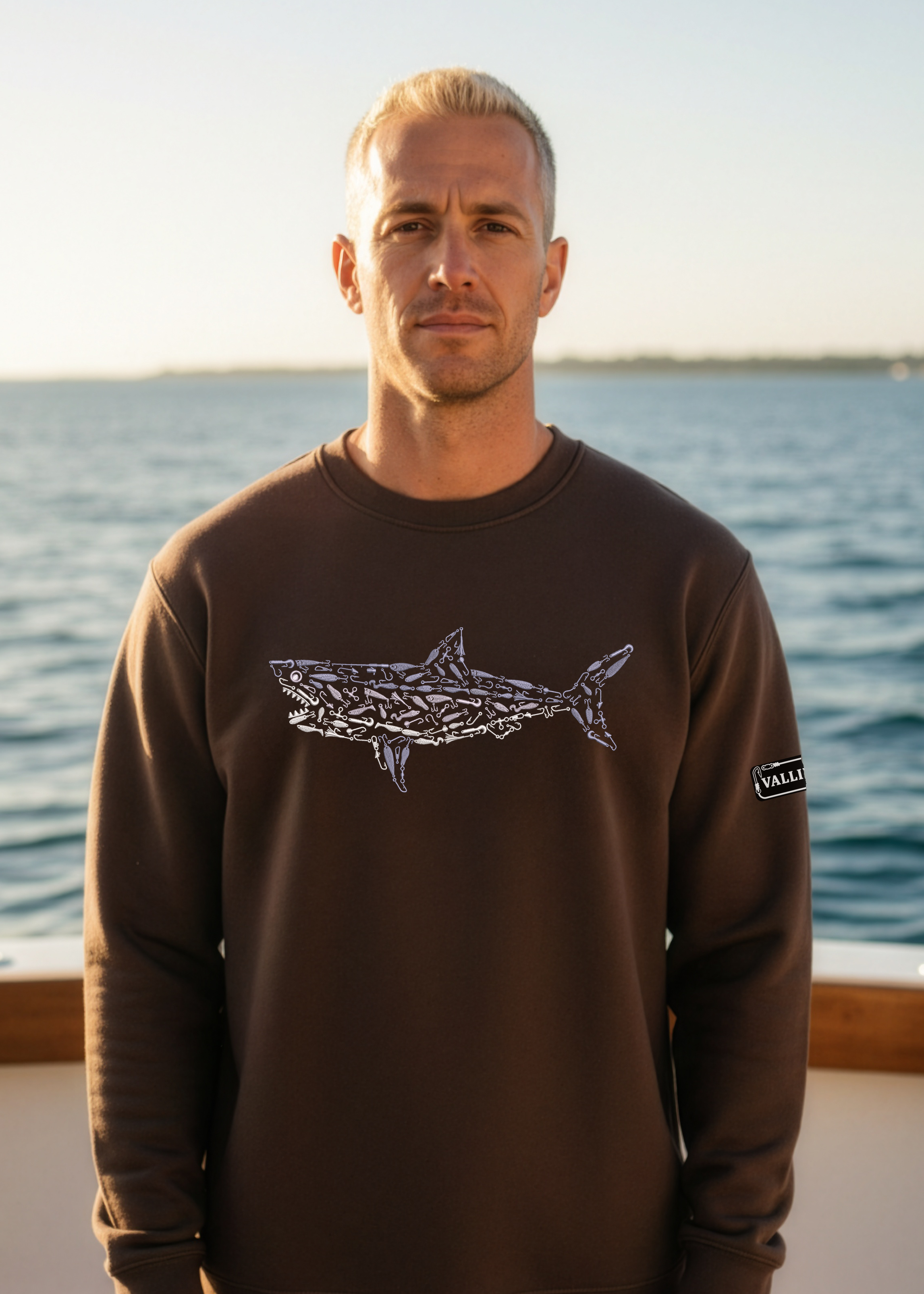 Man wearing a brown sweatshirt with a shark design on a boat with ocean in the background