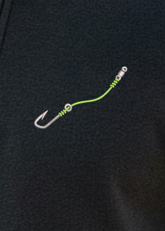 Black quarter-zip sweatshirt with a fishing hook and line design on the chest.