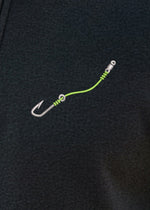Black quarter-zip sweatshirt with a fishing hook and line design on the chest.