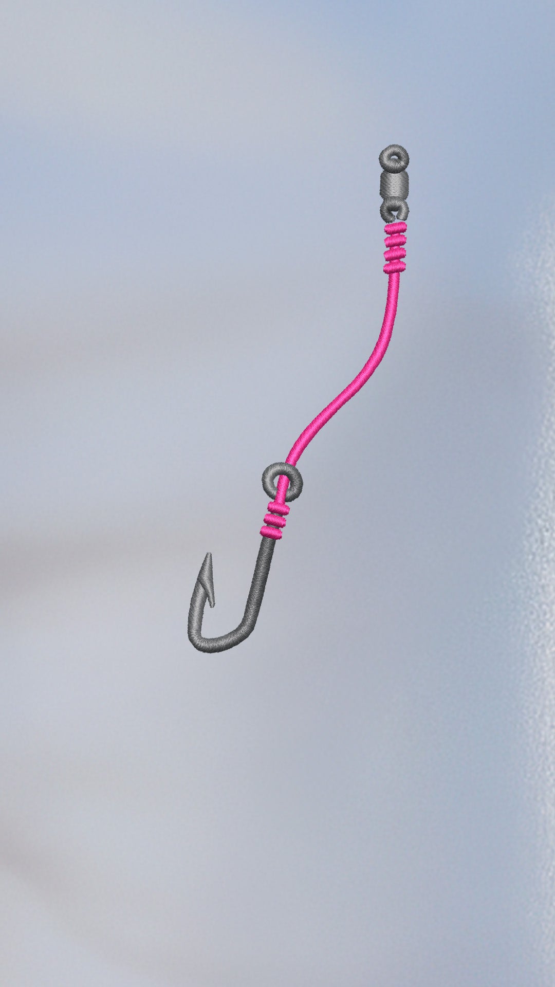 Fishing hook with pink braid on a light blue background