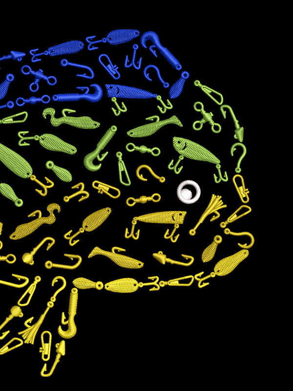 Fishing lures and hooks arranged in a circular pattern on a black background