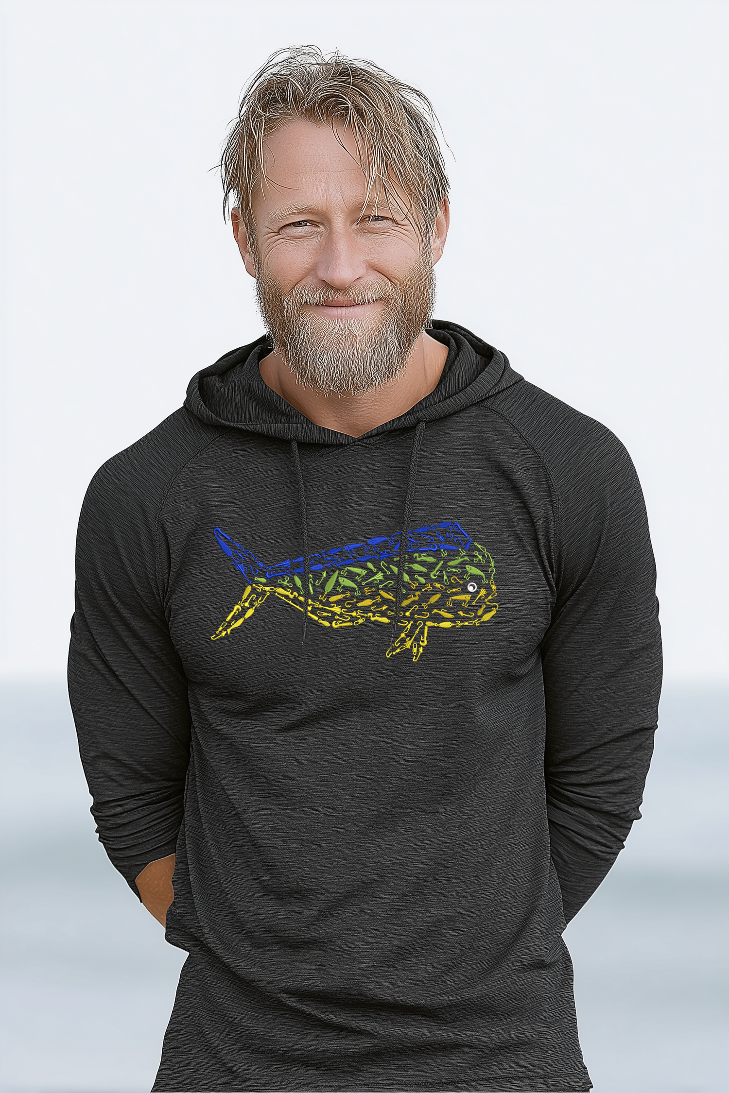 Man wearing a black hoodie with a colorful alligator design on a white background