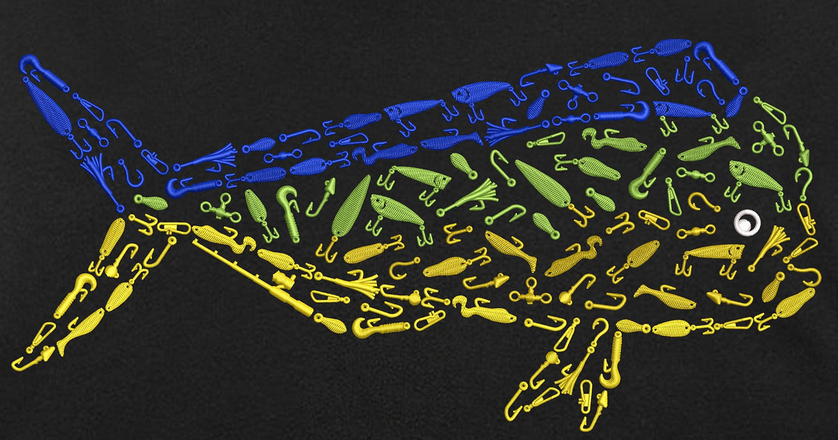 Shark outline filled with various fishing lures on a black background