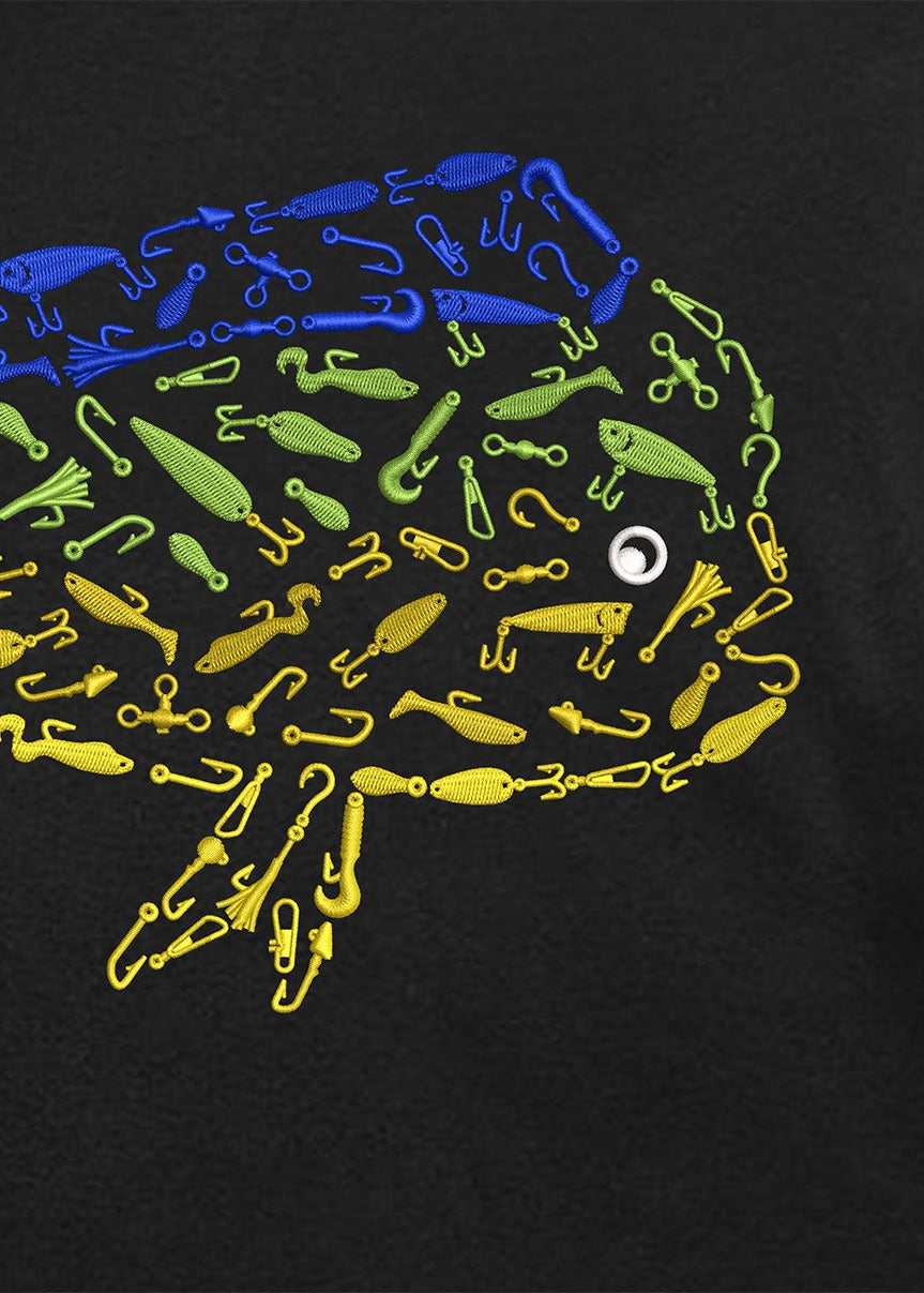 Black hoodie with a colorful fish design made of smaller fish shapes on a black background