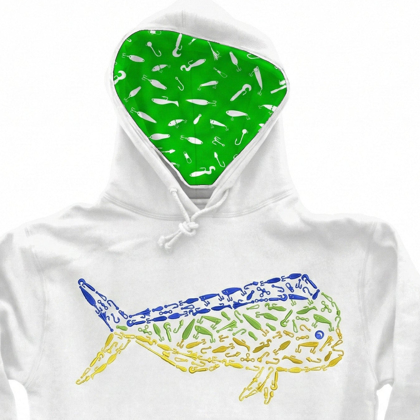 White hoodie with colorful fish design on a white background