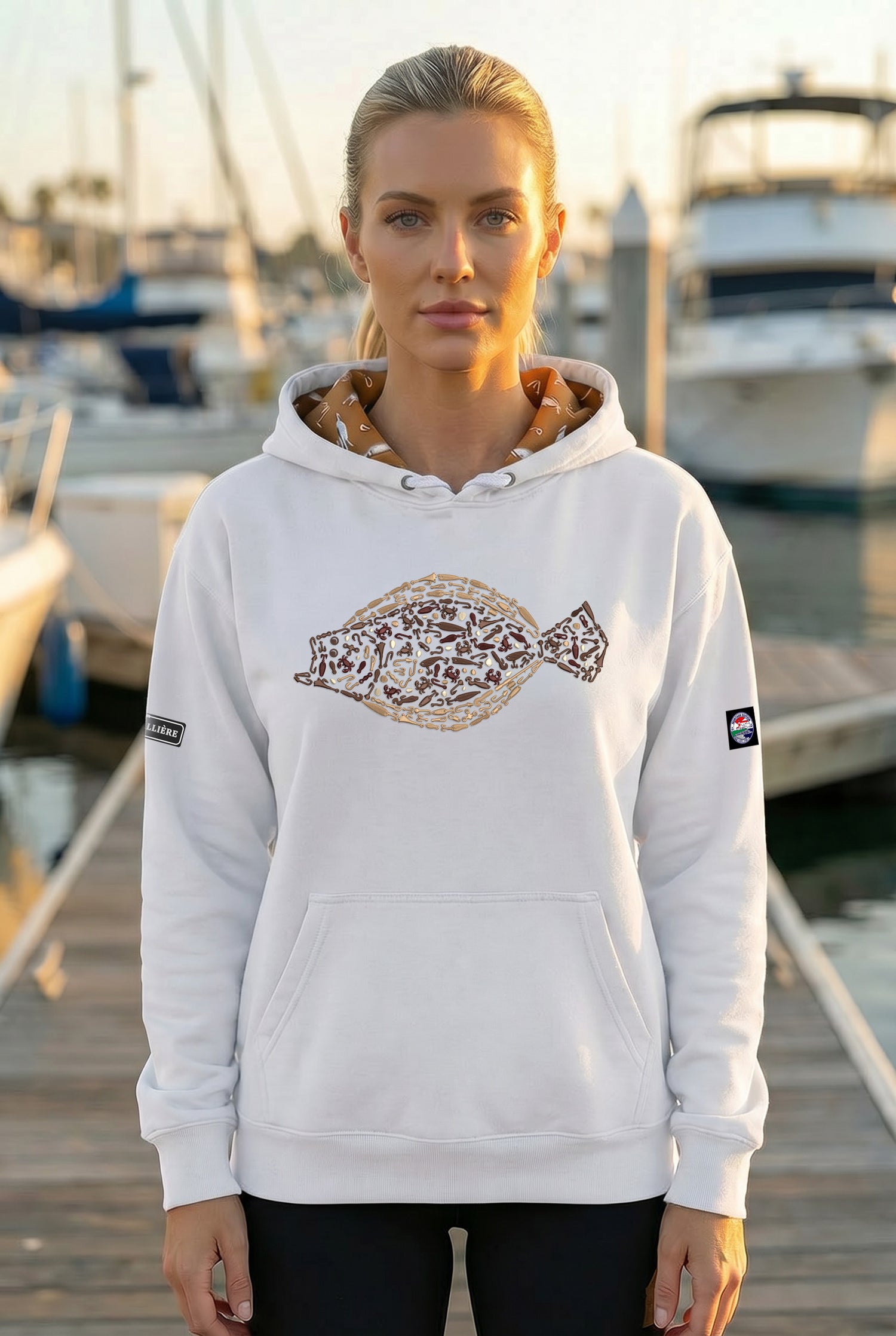 Woman wearing a hoodie with a fish design on a dock with boats in the background