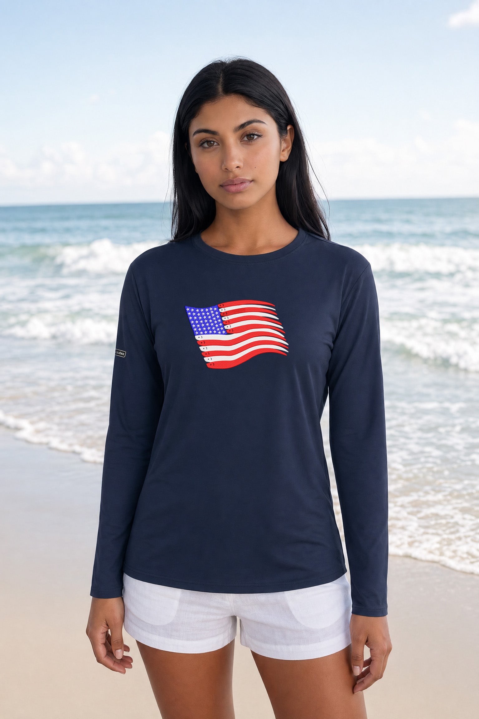 Womens American Flag Swimbait Edition GRAPHIC PRINT Lightweight Wicking UPF 50 Pro LS Tee