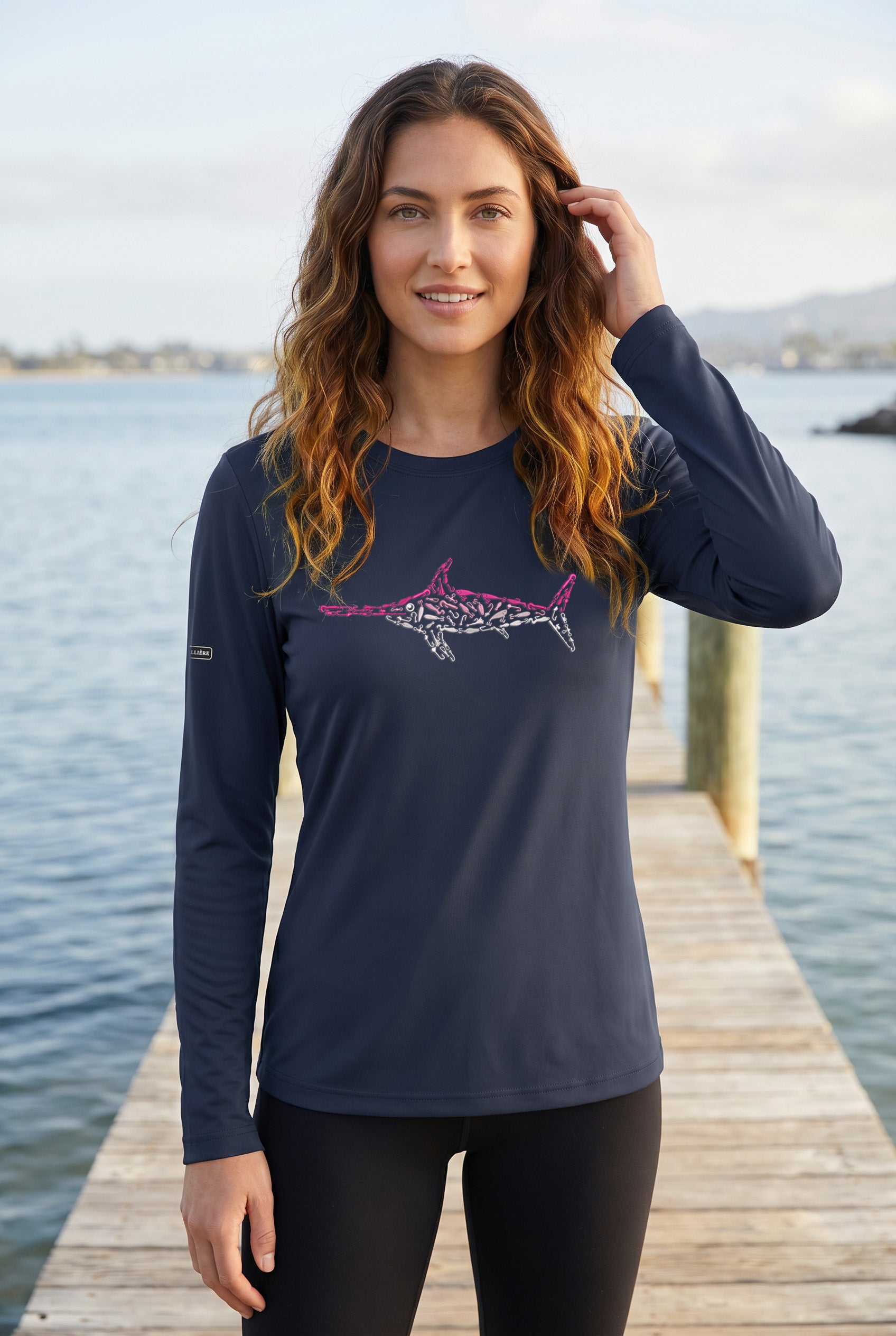 Womens Pink Swordfish Lightweight Wicking UV Pro LS Tee