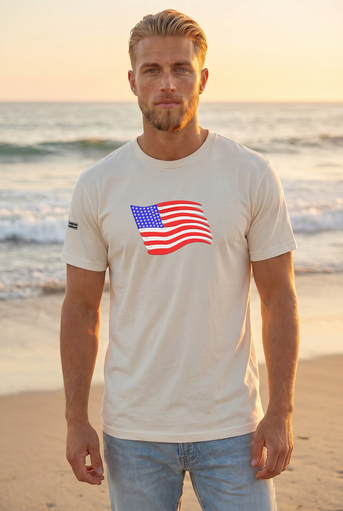 Off-white ultra heavyweight t-shirt with American Flag Swimbait artwork