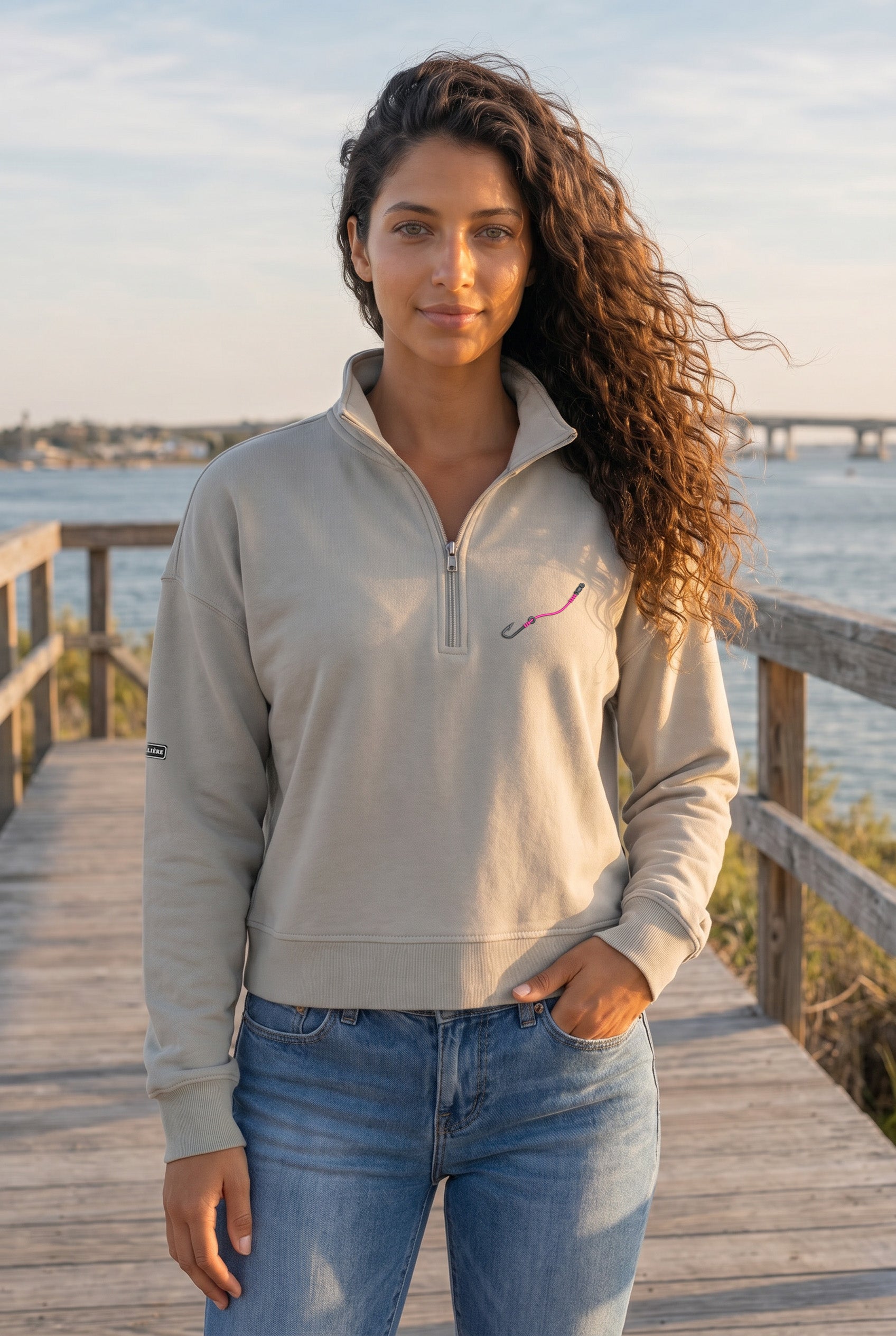 Embroidered "Hook & Line" Womens Quarter Zip Pullover