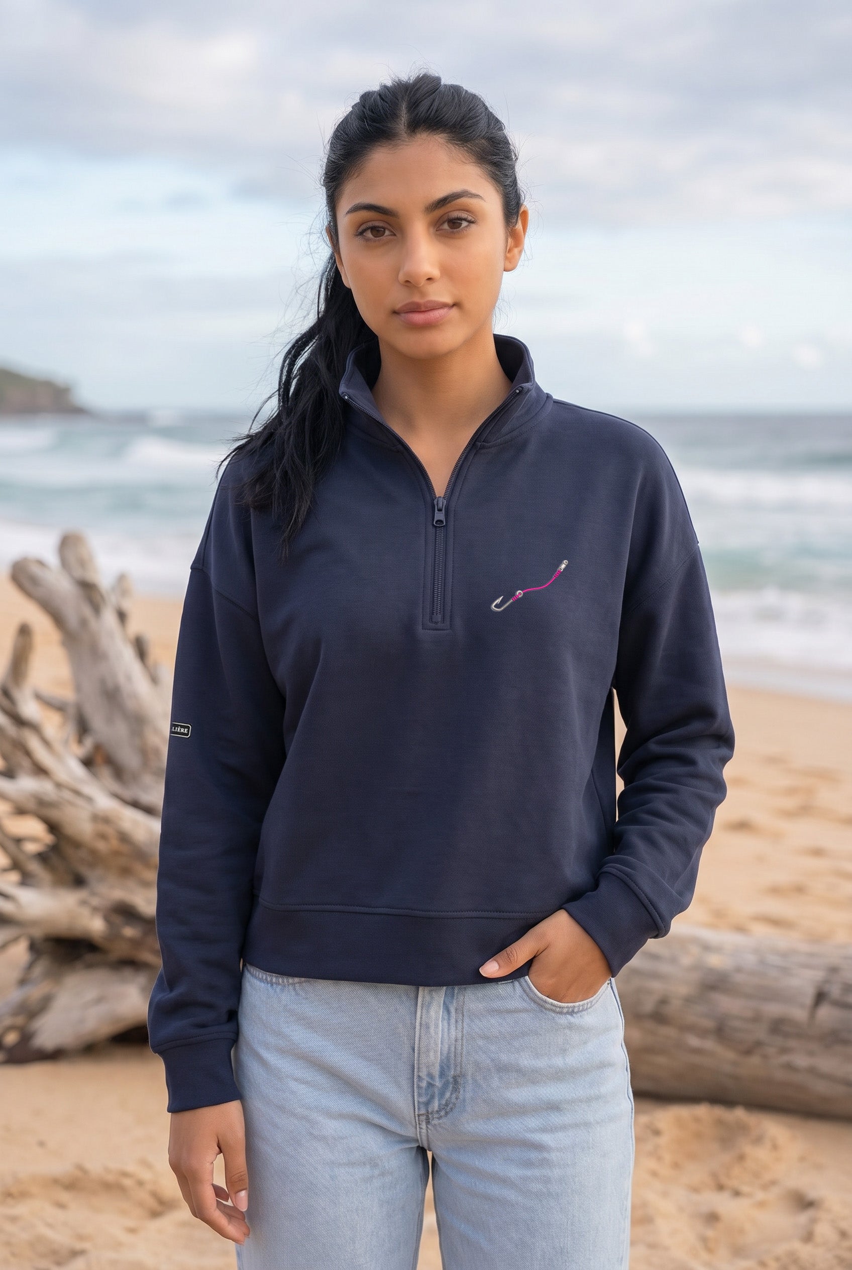 Embroidered "Hook & Line" Womens Quarter Zip Pullover