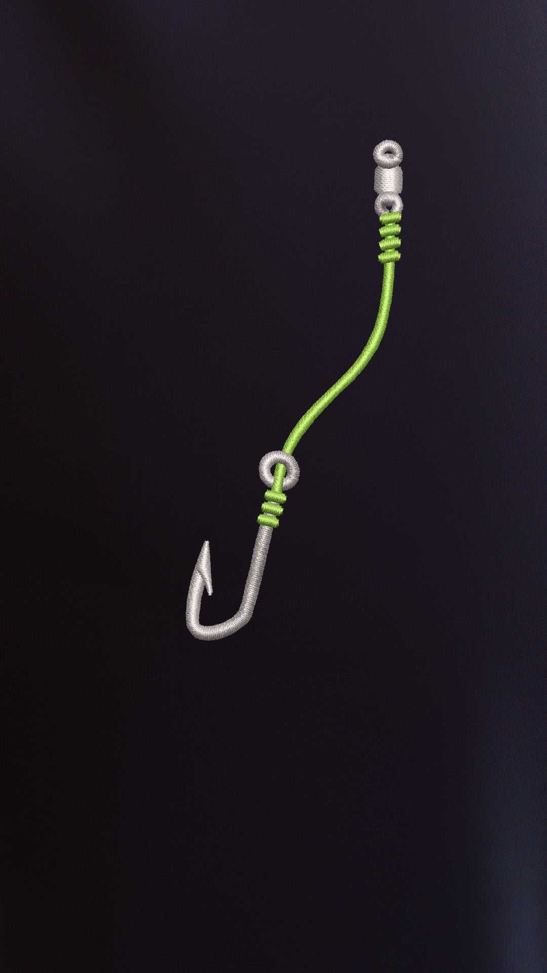 Fishing hook with a green line on a black background