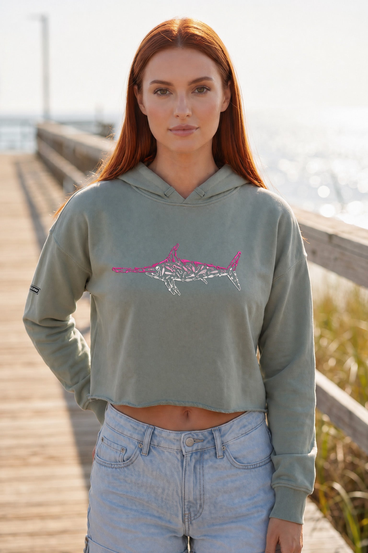 Embroidered Women's Pink Swordfish Crop Hoodie