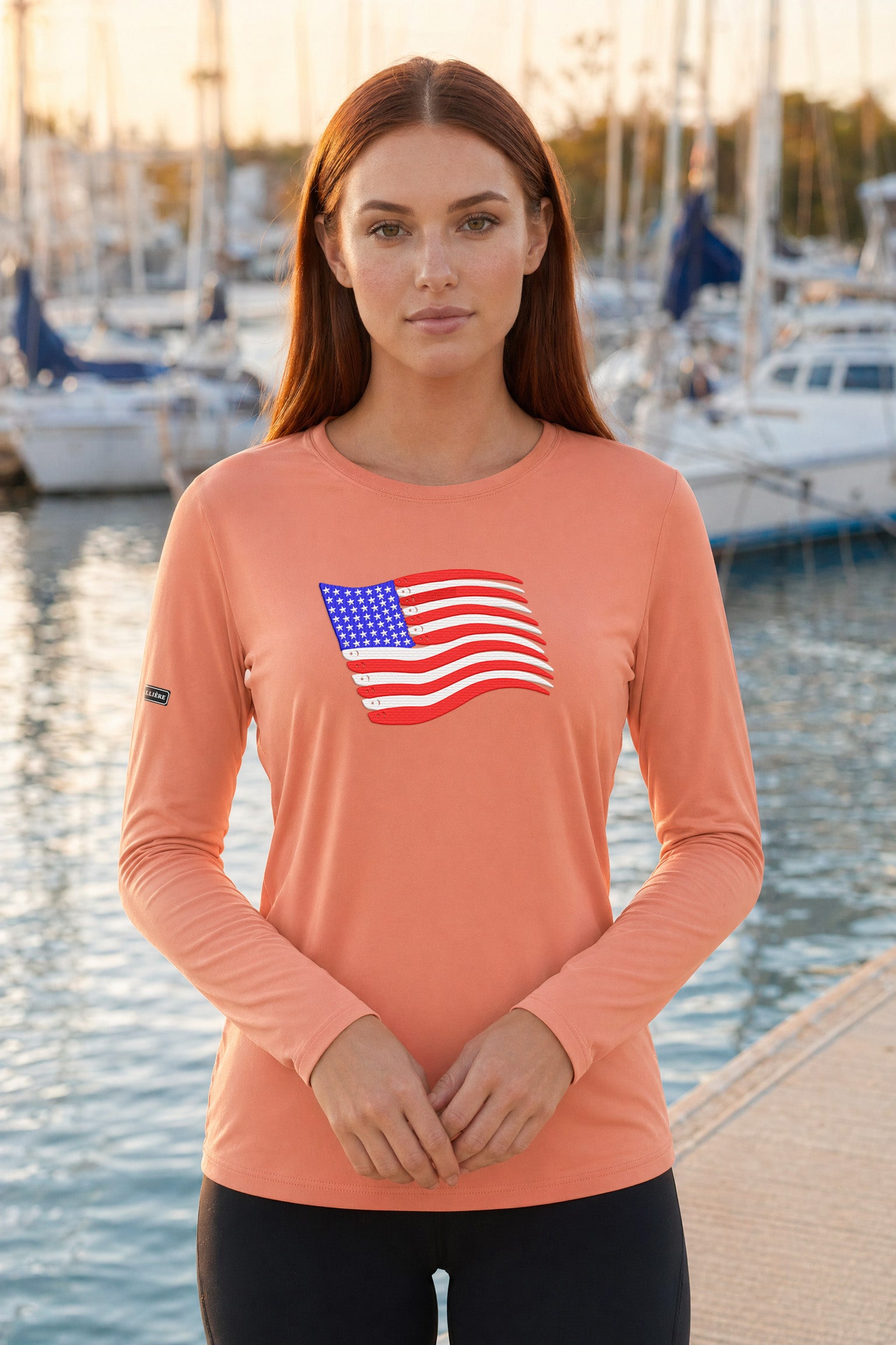 Womens American Flag Swimbait Edition GRAPHIC PRINT Lightweight Wicking UPF 50 Pro LS Tee