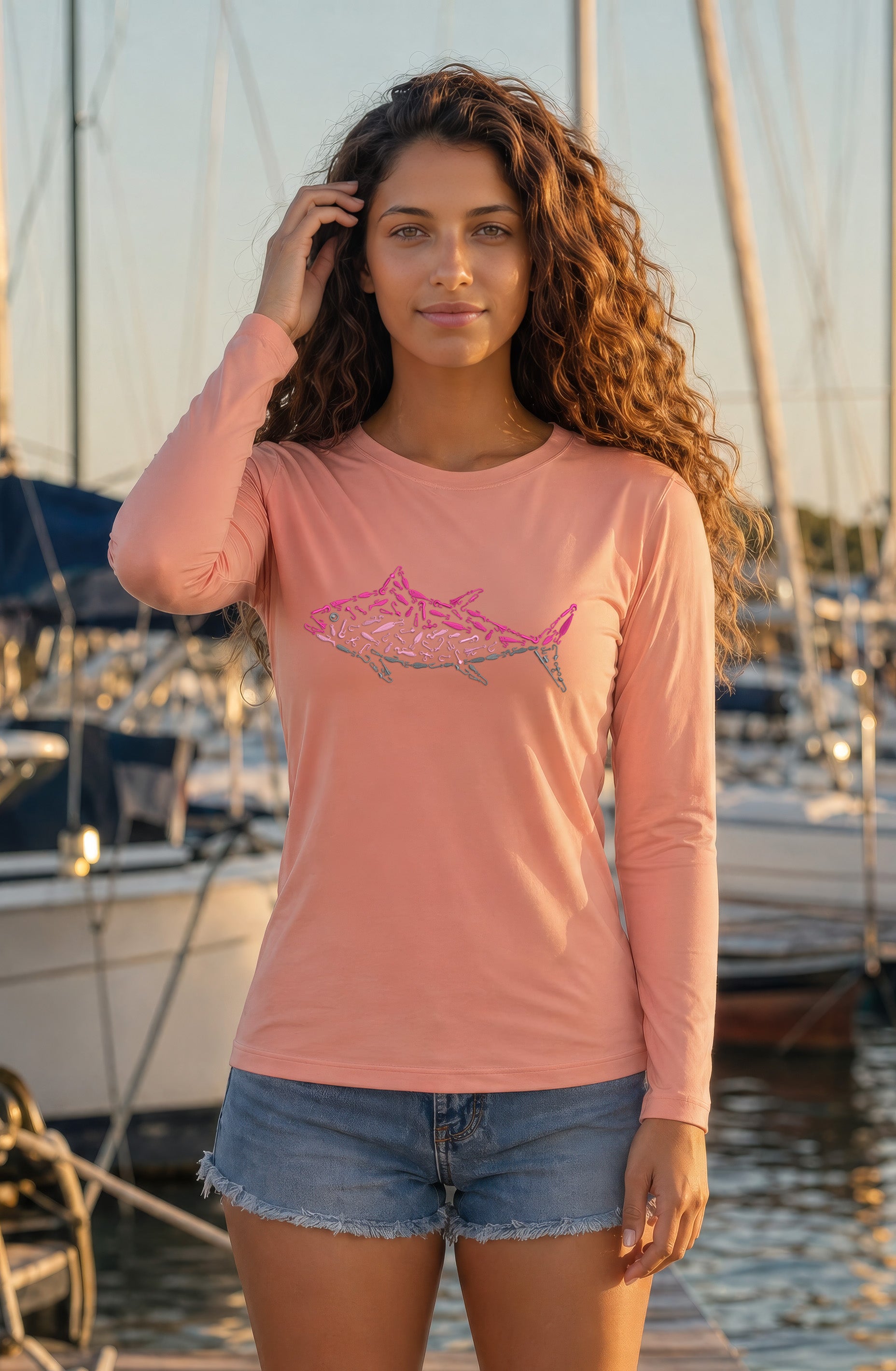 Womens Pink Tuna Lightweight Wicking UV Pro LS Tee