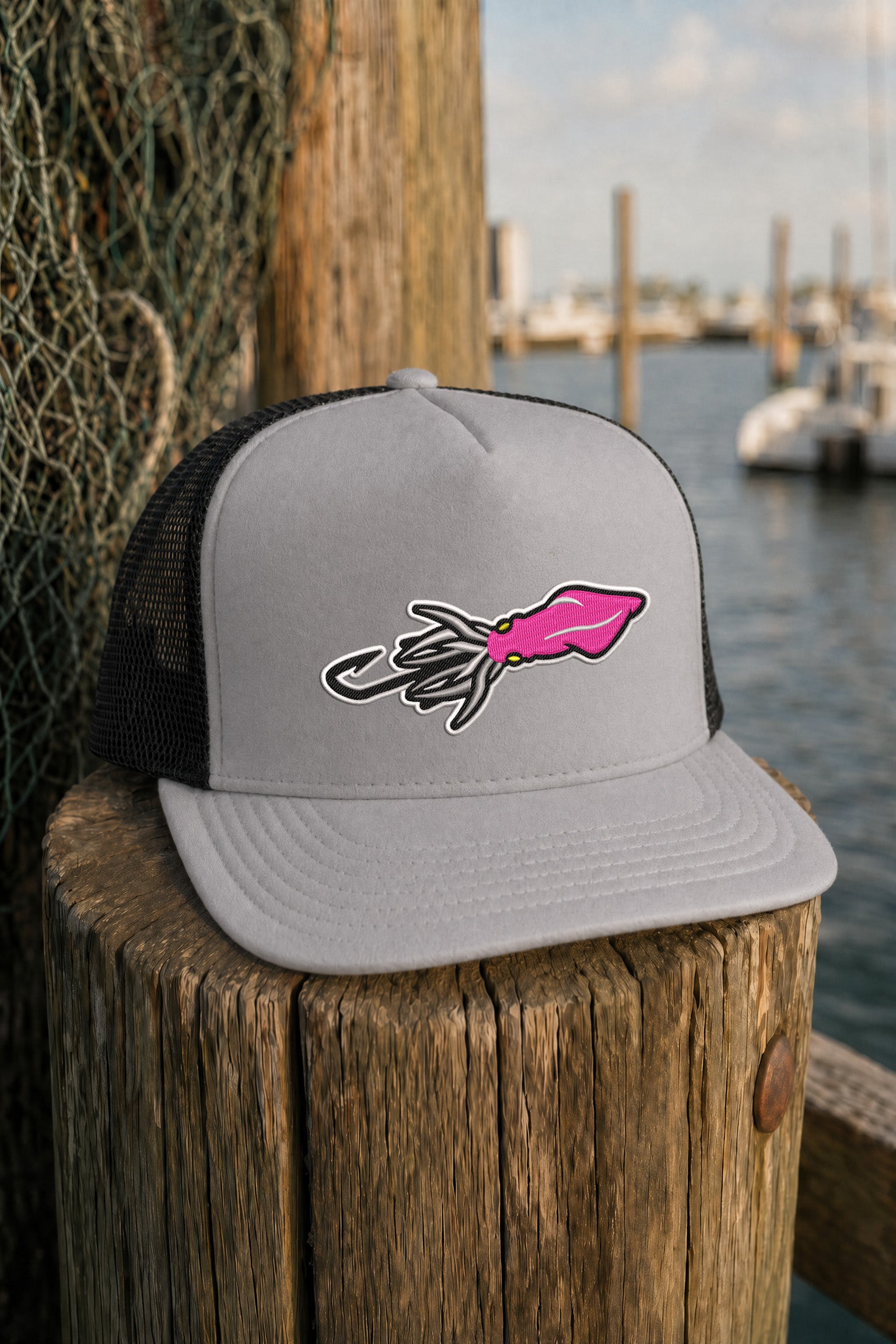 Embroidered Squid Lure Foam Front Trucker Hat
