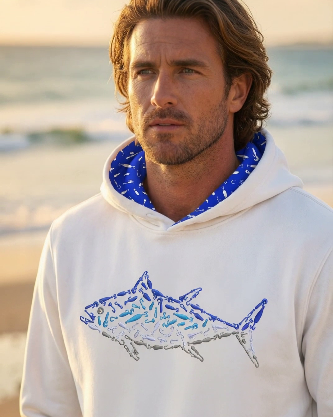 Man wearing a hoodie with a shark design on a beach