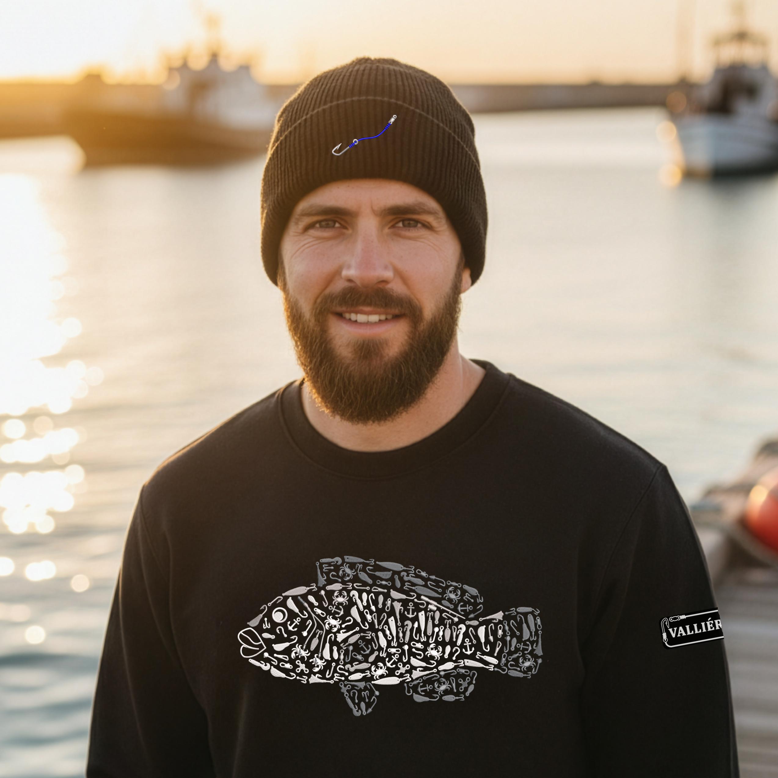 Man wearing a black sweatshirt with a fish design on a dock by water