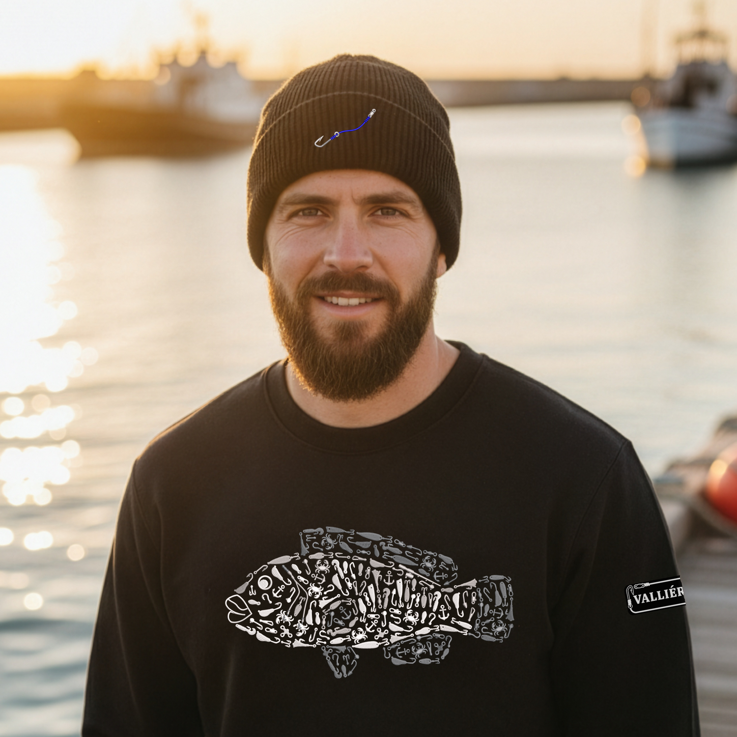 Man wearing a black sweatshirt with a fish design on a dock by water