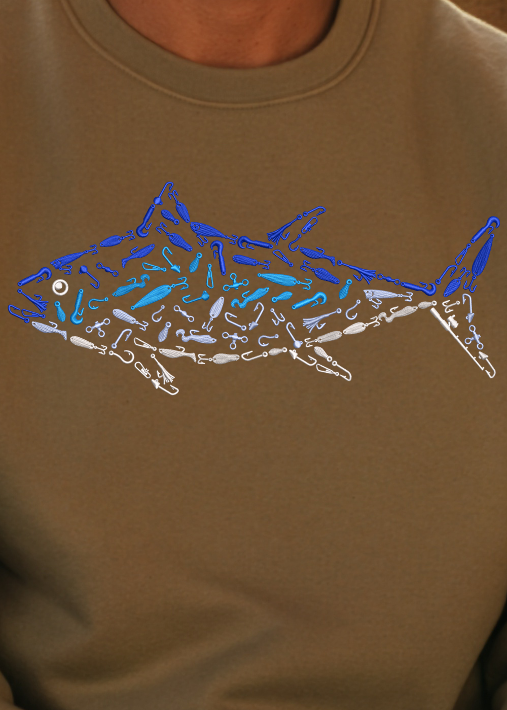 Brown sweatshirt with a blue and white fish design made of fishing lures and hooks.