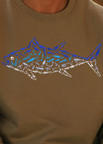 Brown sweatshirt with a blue and white fish design made of fishing lures and hooks.
