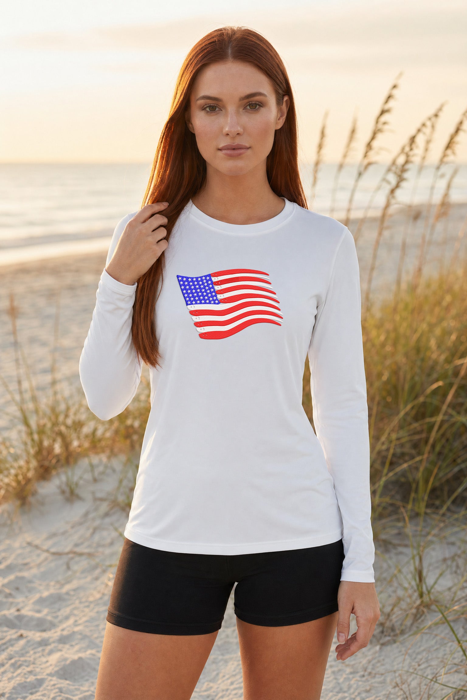 Womens American Flag Swimbait Edition GRAPHIC PRINT Lightweight Wicking UPF 50 Pro LS Tee