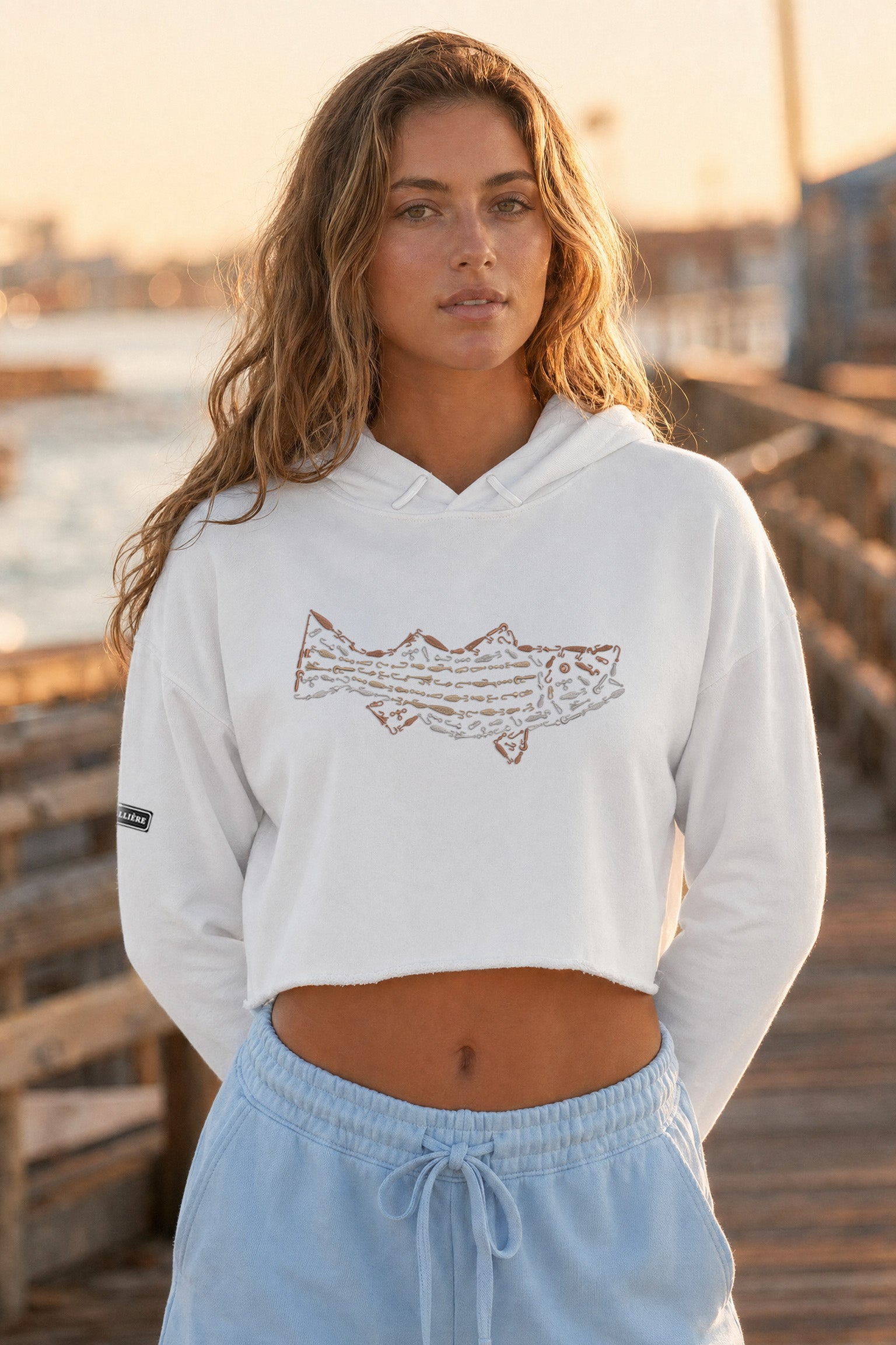 Embroidered Women's Striped Bass Crop Hoodie