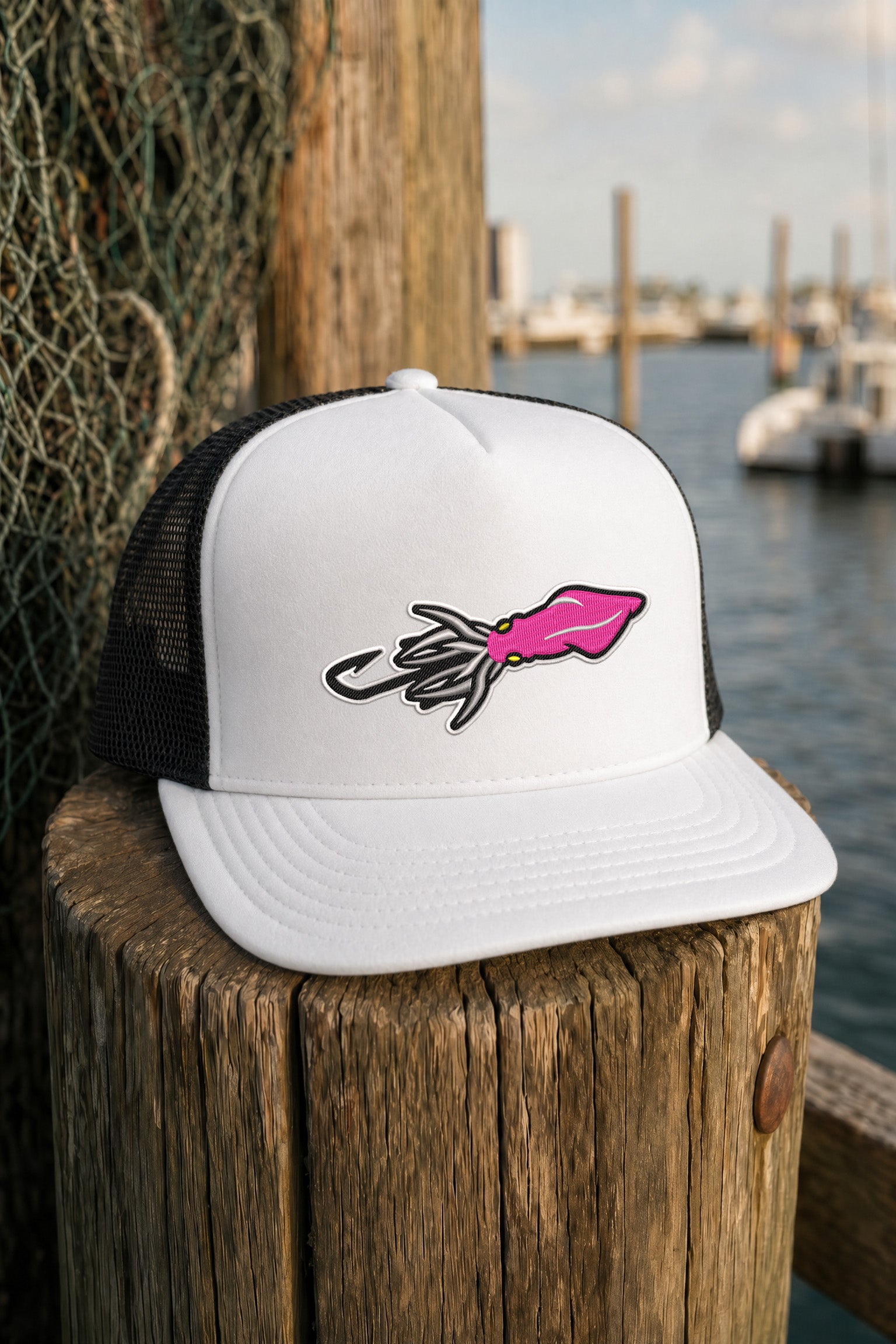 Embroidered Squid Lure Foam Front Trucker Hat