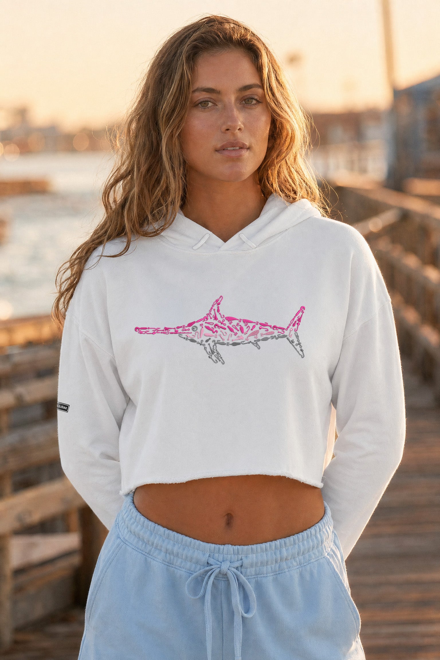Embroidered Women's Pink Swordfish Crop Hoodie