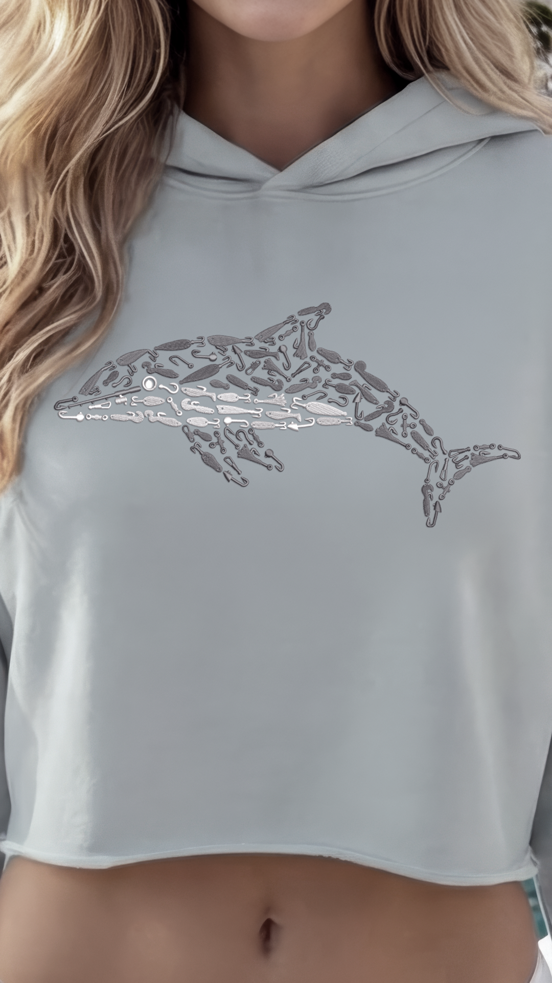 Embroidered Dolphin Lightweight Crop Hoodie