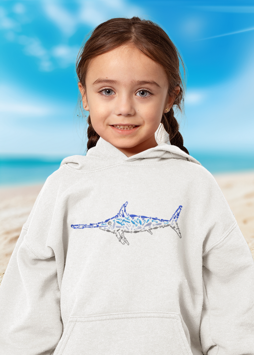 A youth wearing a white hoodie with a blue swordfish design on the front.
