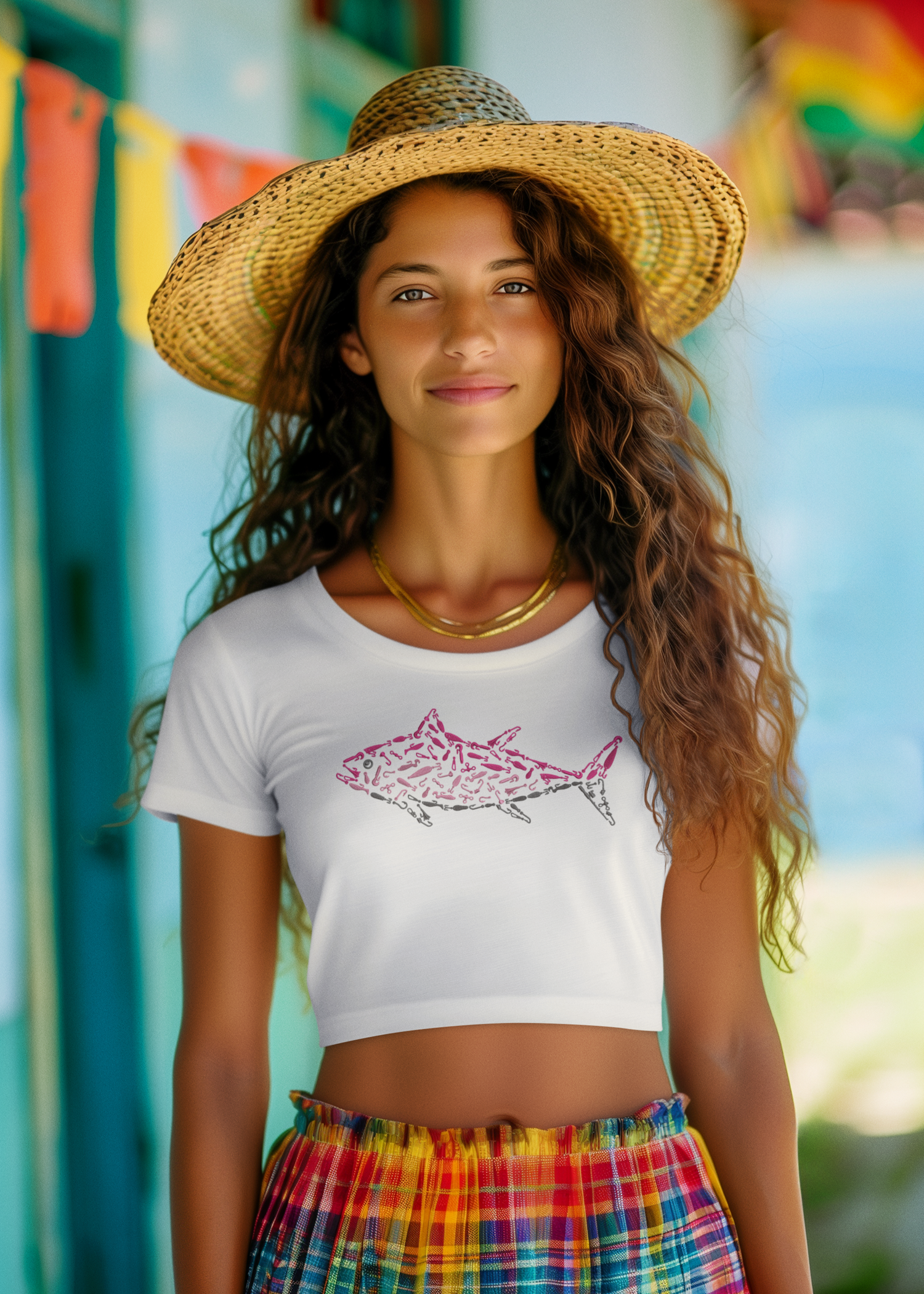 A woman wearing a white crop tee with a pink graphic print of a tuna, paired with a colorful skirt and a straw hat.