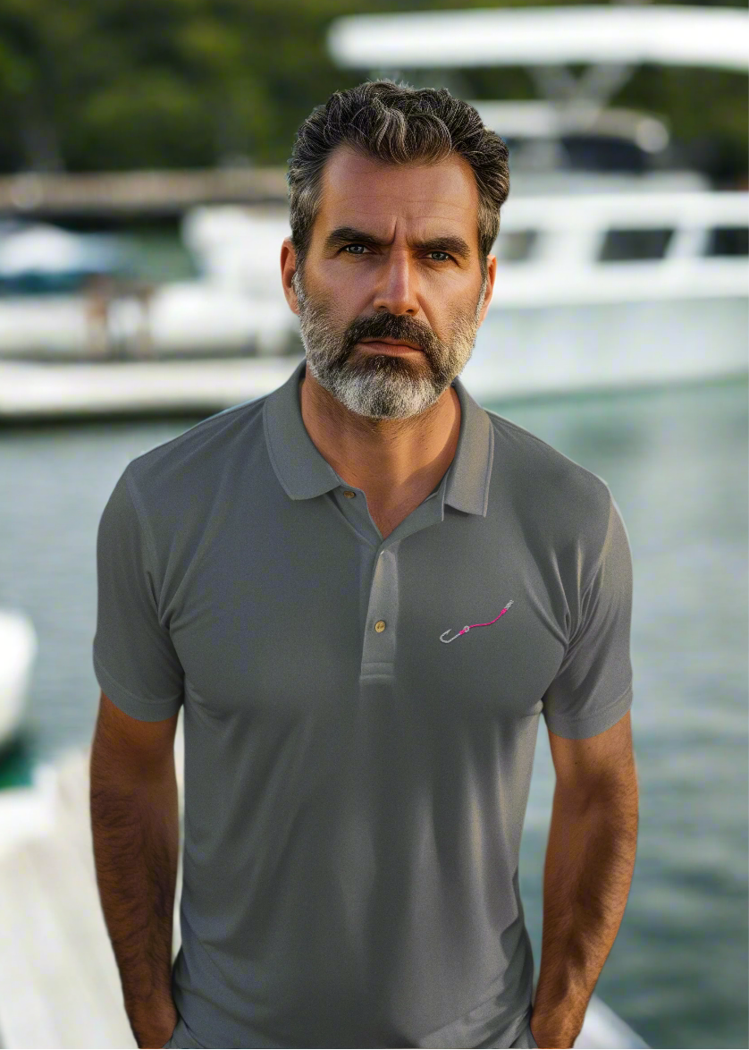 Man wearing the Hook & Line ChromaSoft piqué polo